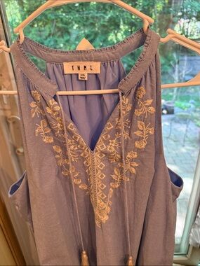 THML Blue Embroidered Dry Tassel V-Neck Dress